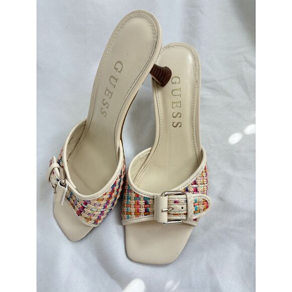 GUESS Y2K Dista Sandal Kitten Heels Multicolor Ivory 9M Feminine Classy Buckle - Picture 6 of 7